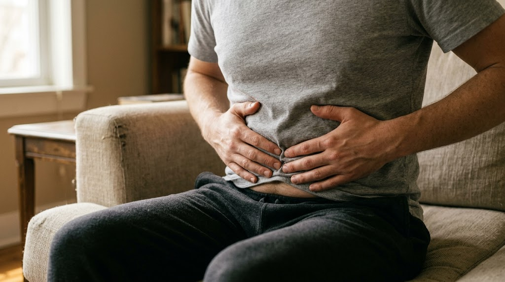 Person pressing hands against their lower abdomen suggesting bloating and gut discomfort