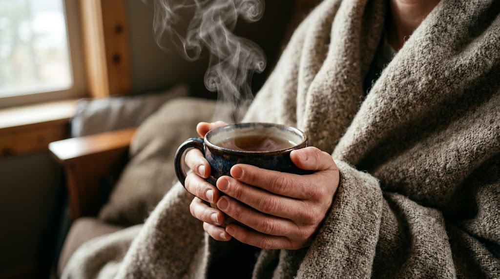 Hands cupped around a warm mug wrapped in a wool blanket &mdash; feeling cold is a symptom of a slowed metabolism